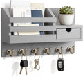 FifthQuarter Key and Mail Holder for Wall, Mail Organizer Wall Mount with 6 Hooks and Storage Drawer, Easy Installation Key Rack for Entryway and Home Decor (A-Grey)