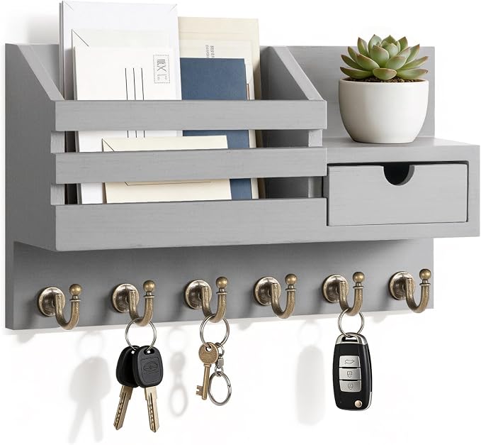 FifthQuarter Key and Mail Holder for Wall, Mail Organizer Wall Mount with 6 Hooks and Storage Drawer, Easy Installation Key Rack for Entryway and Home Decor (A-Grey)
