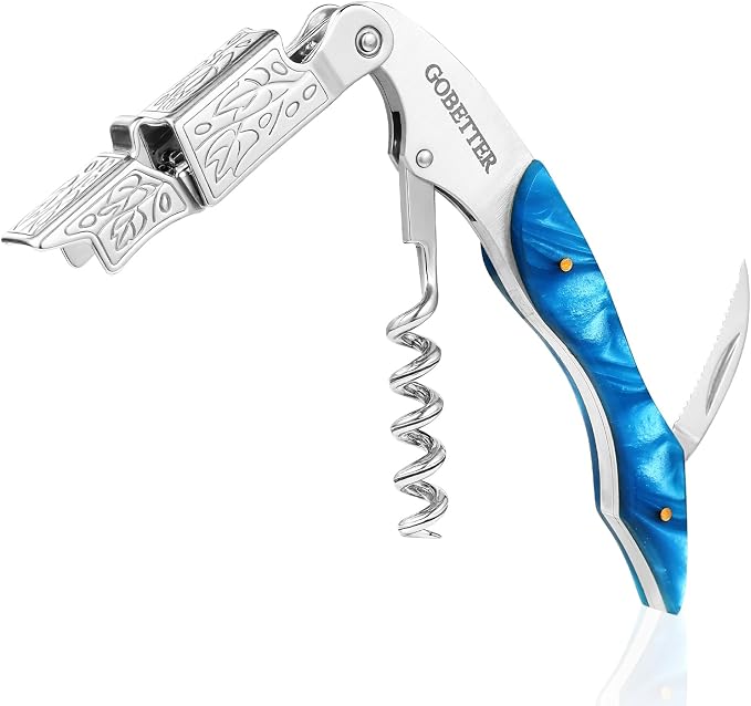 GOBETTER Wine Opener, Professional Corkscrews for Wine Bottles Cap Remover, Manual Wine Key for Home Use, Servers, Waiters Bartenders and Wine Lovers, Blue Resin
