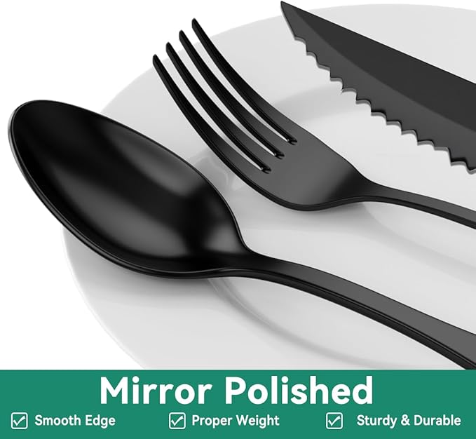 JUNLIN 49 Pieces Black Silverware Set with Steak Knives, Stainless Steel Silverware with Organizer Flatware Utensils Set for 8, Forks and Spoons Silverware Set Cutlery Set