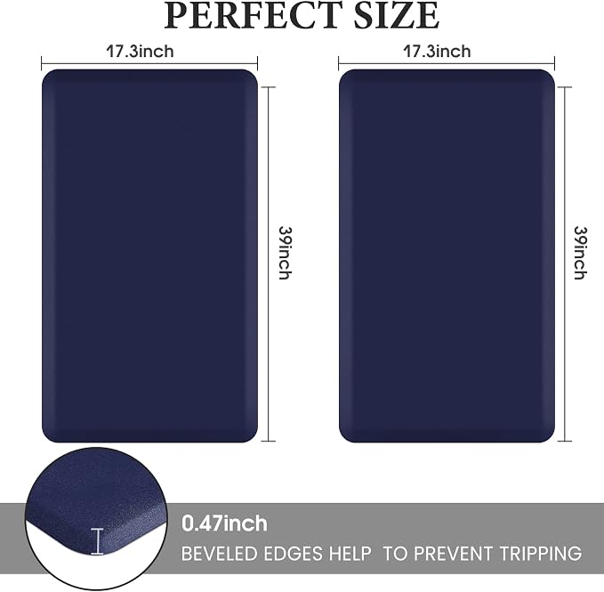 HappyTrends 2 PCS Kitchen Mat Cushioned Anti-Fatigue Floor Mat, Heavy Duty Ergonomic Comfort Foam Standing Mat, Waterproof Non-Slip Kitchen Rugs for Home, Office(17.3"x39"+17.3"x39",Navy)