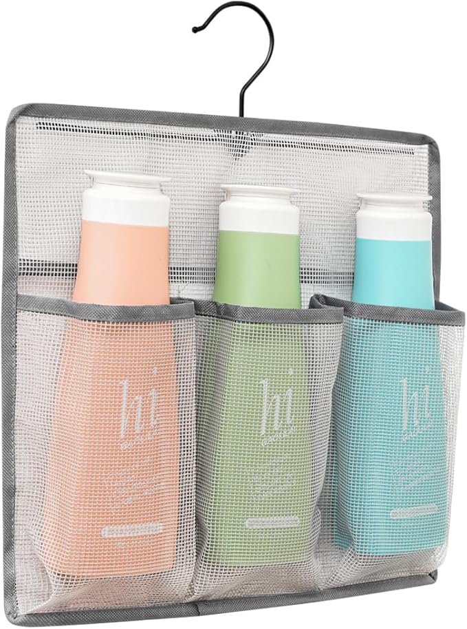 ALYER Mesh Shower Organizer, Shower Caddy with Rotating Detachable Metal Hanger, Quick Dry Bathroom Storage for Toiletry Accessories, Portable Shower Bag for RV, Dorm, Gym and Travel, Gray