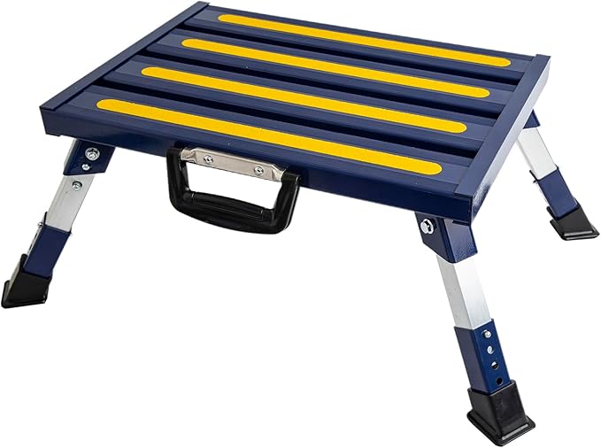 Homeon Wheels RV Step Stool, Portable Folding Aluminum Platform with Anti-Slip Surface and Handles, Adjustable Height Safety Step Supports Up to 1000 lbs, for Camping, Travel Trailer, Truck, Blue