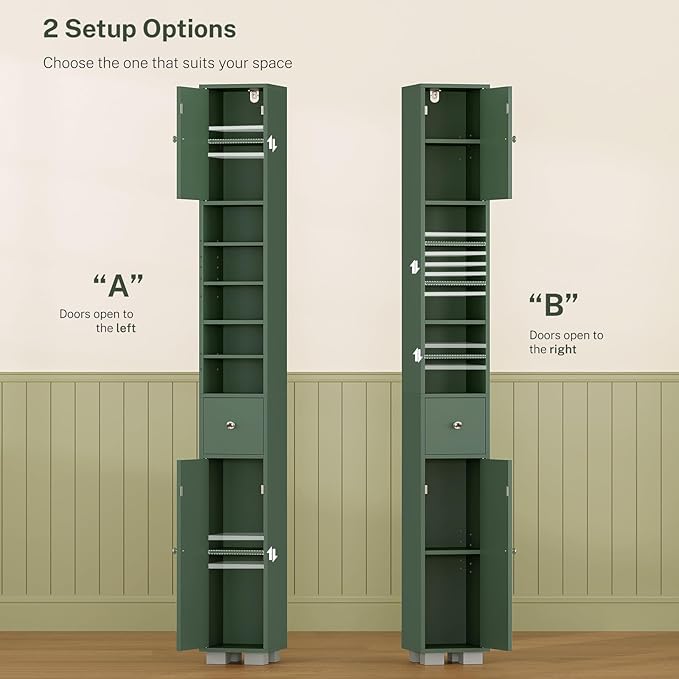 TEENFON Bathroom Cabinet, Narrow Bathroom Storage Cabinet with 5 Adjustable Shelves & Drawer, Freestanding Cupboard for Small Spaces, Green
