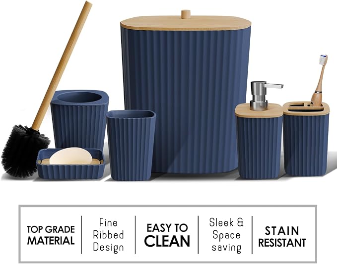 Clara Clark Bathroom Set - Navy Blue Bathroom Accessories Set, 6PC Bathroom Accessory Set, Bathroom Sets with Adhesive Corner Shower Caddy Hanging, Toilet Brush, Trash Can & Soap Dispenser