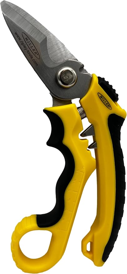 Miller KS‑3 Angle‑Head Kevlar Scissors & Cable Cutter – Fiber Optic Shears with Crimper, Micro‑Serrated Stainless Steel Blades, Cuts Copper & Aluminum Wire