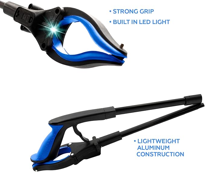 Grabber Reacher Tool-Long 32 Inch Aluminum Foldable Pick Up Stick-Strong Grip Shelves LED Light Magnetic Tip, Lightweight Trash Picker Claw Reacher Grabber Tool for Elderly - by Luxet (32 Inch, Blue)
