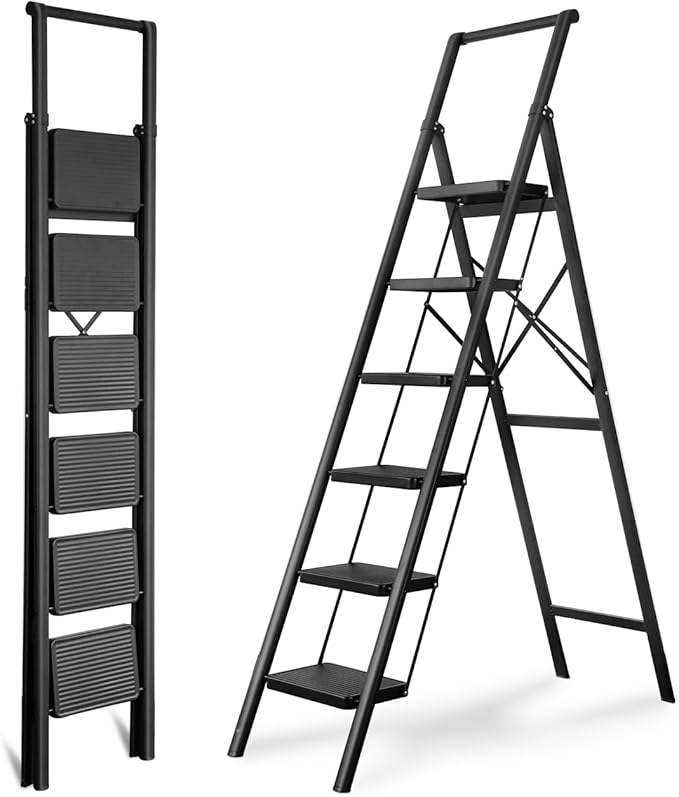 6 Step Ladder with Handrails, Heavy Duty Ladders for Home & Kitchen, Folding Ladder Easy to Store, Tall Ladder for Adults, Anti-Slip & Space-Saving Step Ladder, 330 Lbs Capacity