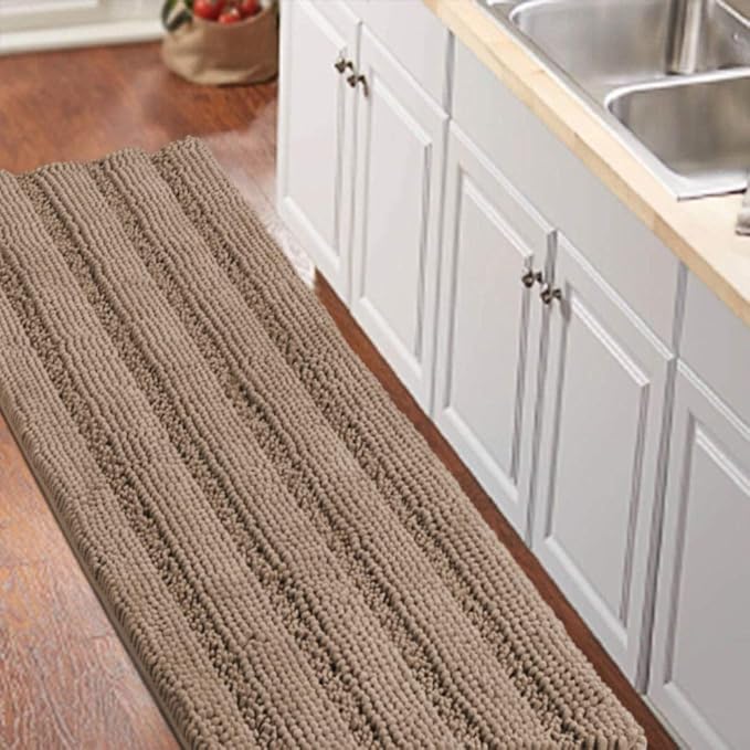Turquoize Luxurious Shaggy Chenille Kitchen/Bath Mat Non-Slip Mat Taupe Brown Chenille Rug Striped Mat Water Absorbent Bath Rug Runner for Floor, Taupe Brown, Size 59 x 20 Inches