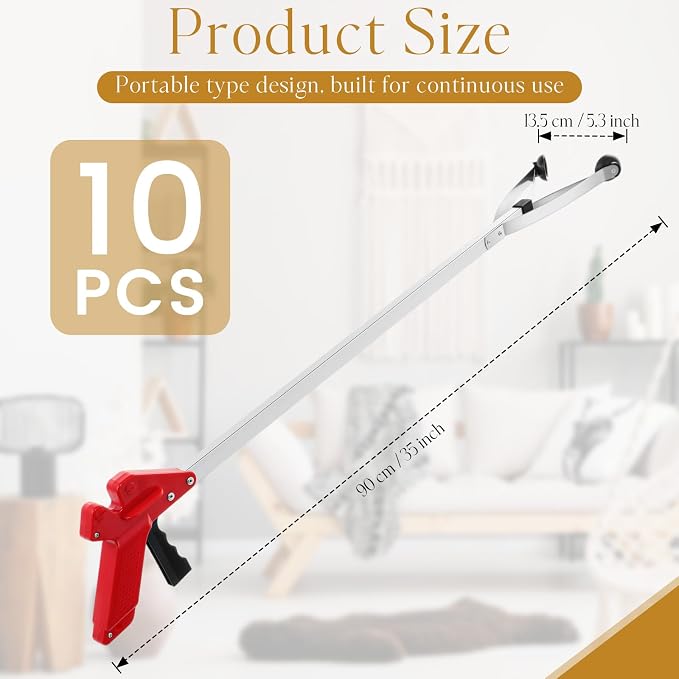 Sabary 10 Pack Suction Cup Reacher Grabber Heavy Trash Picker Grabber Tool, Long Handy Aids Nonslip Claw Reach Tool for Elderly Pick up Stick Arm Extension Litter Picker(Red,35 Inch)