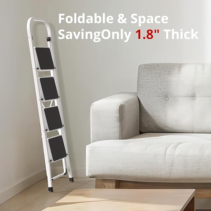 HBTower Step Ladder, Folding Step Stool for Adults with Anti-Slip Pedal, 330 lbs Capacity for Kitchen, Home, White