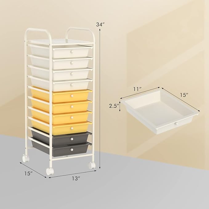 10-Drawer Rolling Storage Cart, Trolley w/Lockable 360° Wheels, 10 Removable PP Drawers, Sturdy Metal Frame, Rolling Utility Cart Perfect for Home, Office, Classroom (Yellow)