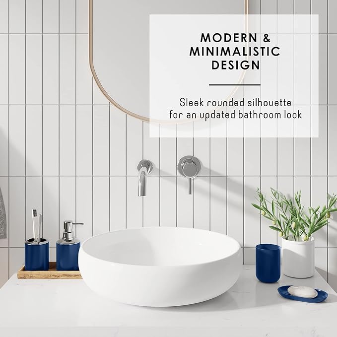 Clara Clark Bathroom Accessories Set - 28PC Bathroom Set with Adhesive Corner Shower Caddy Hanging, Bathroom Sets with Shower Curtain and Rugs, Navy Shower Curtain Set with Bathroom Trash Can