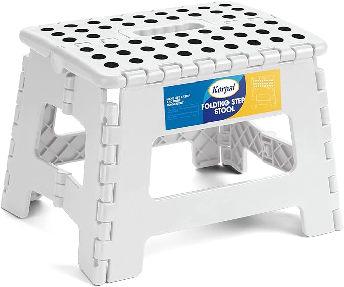 Korpai 9" Folding Step Stool for Adults and Kids Holds Up to 300 lbs,Non-Slip Folding Stools with Portable Handle, Compact Plastic Foldable Step Stool for Bathroom,Bedroom, Kitchen,White,1PC