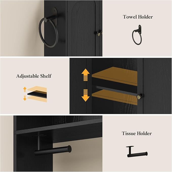 7-Tier L-Shaped Over the Toilet Storage Cabinet with Doors, 2 Large Drawers, Tissue Holder & Towel Holder, Bathroom Over Toilet Storage Cabinet with Adjustable Shelf for Bathroom, Black