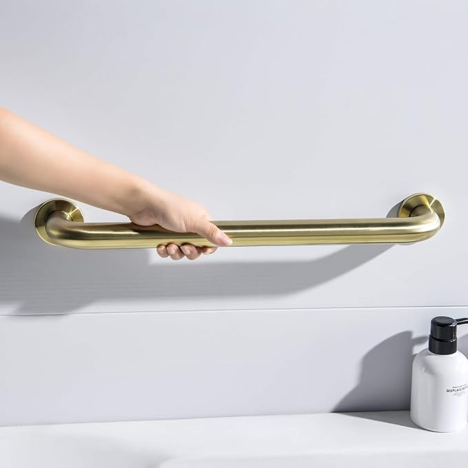 KIBI 18 Inch Bathroom Safety Grab Bar for Shower & Bathtub – Curved Wall Mounted Stainless Steel Shower Grab Bar, Anti-Slip Support Handle for Seniors & Elderly, Brushed Gold (KGB1018)