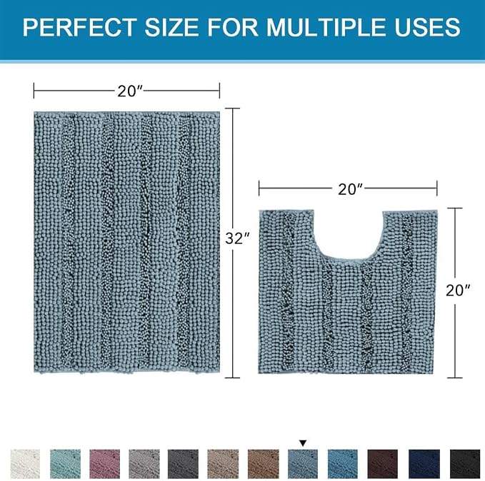 H.VERSAILTEX Bathroom Rugs Bath Rug Set 2 Piece Bathroom Contour Rug Toilet Mat Sets Non Slip Contour Bath Rug Set Ultra Thick Water Absorbent Striped Washable(20" x 32" Plus 20" x 20" U, Stone Blue)