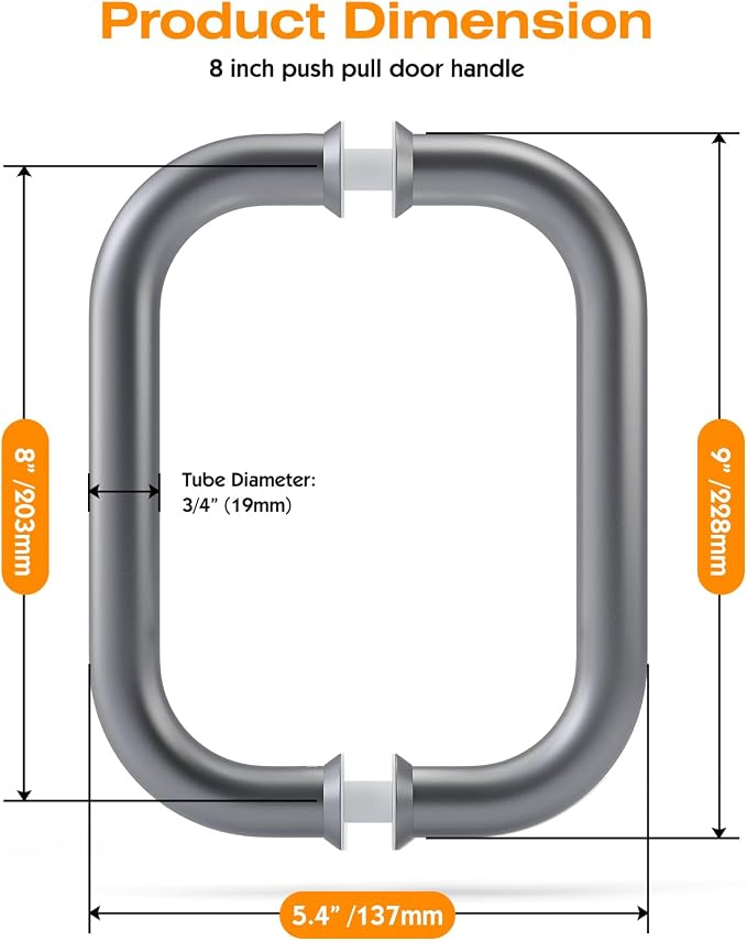 Ranbo Electroplating Grey 8" （CTC） Tubular Back-to-Back Shower Door Handle，Heavy-Duty 1.0mm Thick 304 Stainless Steel, for 1/4"- 1/2" Thick Glass and 1-3/8" - 2-1/6" Thick Wooden or Metal Doors