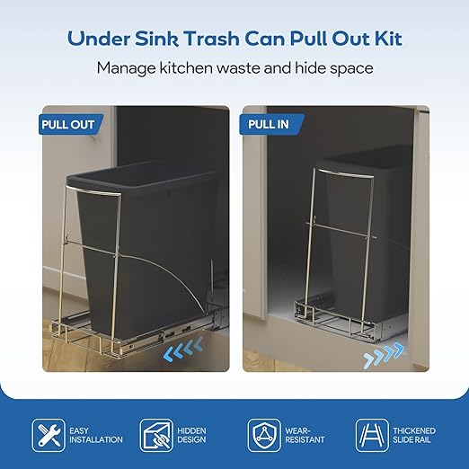 Pull Out Trash Can Under Cabinet & Under Sink - Heavy Duty Sliding Adjustable Cabinet Garbage Can Organizer, Requires Minimum Cabinets Opening 13" W X 18" D,Chrome Finish (Waste Bin Not Included)