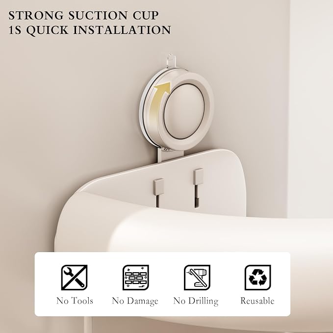 CICUFY Shower Caddy Suction Cup, 1 Pack No Drilling Corner Shower Shelves, Rust Proof Bathroom Storage Organizer, Shower Corner Caddy with Removable Hooks and Towel Bar, Triangle, Cream