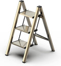 3 Step Ladder, Aluminum Folding Step Stool with Anti-Slip Sturdy and Wide Pedal, Lightweight Portable Stepladder for Home and Kitchen Use Space Saving, Gold, 330 lbs