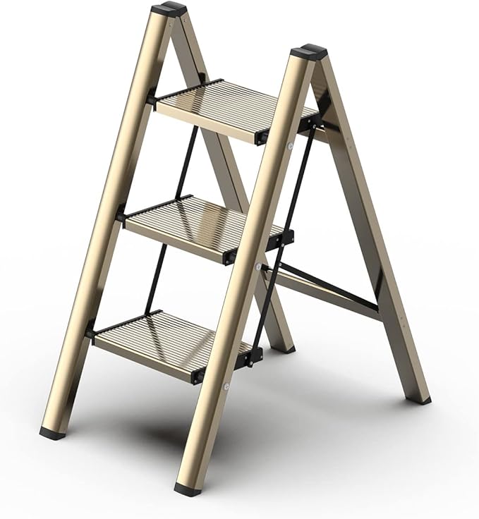 3 Step Ladder, Aluminum Folding Step Stool with Anti-Slip Sturdy and Wide Pedal, Lightweight Portable Stepladder for Home and Kitchen Use Space Saving, Gold, 330 lbs