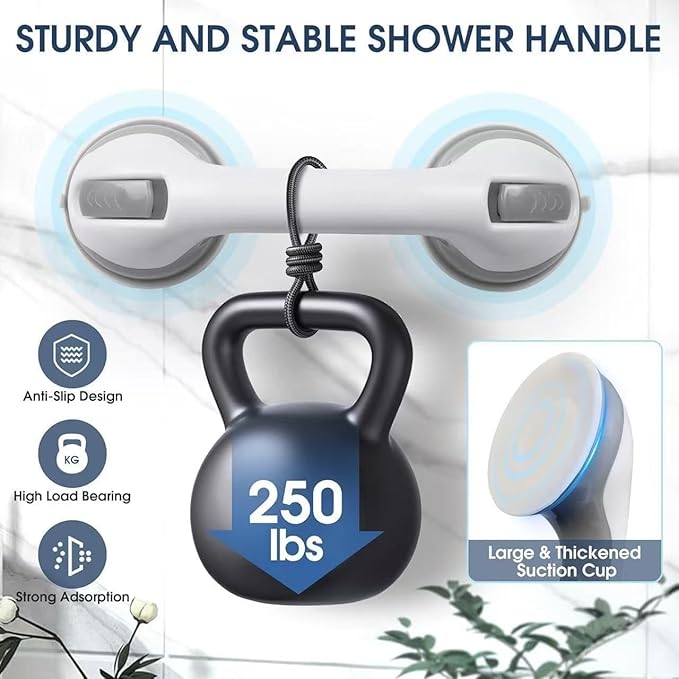 Auroras 12 Inch Grab Bars for Bathtubs and Showers with Suction Cup, Removable Shower Grab Bars for Seniors, No Drilling Heavy Duty Shower Handle for Bathroom Safety, Handicap Grab Bars, Grey (2 Pack)