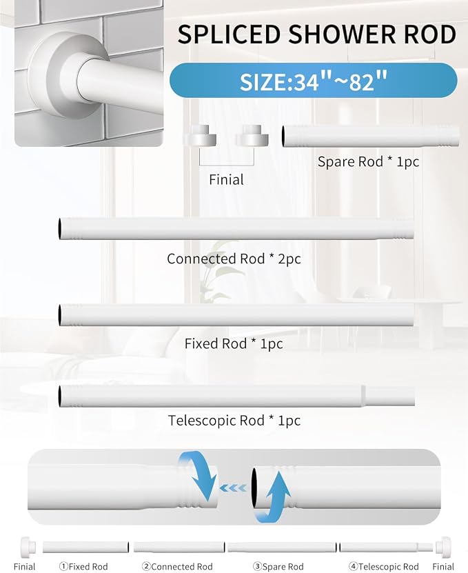 White Shower Curtain Rod 34-82 Inches(2.8-6.8ft) Adjustable Shower Rod No Drilling Non-slip Never Rust Shower Tension Rod for Bathroom Bedroom Windows Outdoor Garden