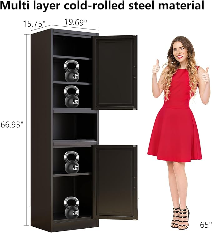 67" H Metal Tall Narrow Storage Cabinet, Freestanding Floor Cabinet with 2 Doors and Adjustable Shelves, Pantry Storage Cabinets for Bathroom, Living Room, Entryway and Kitchen (Black)