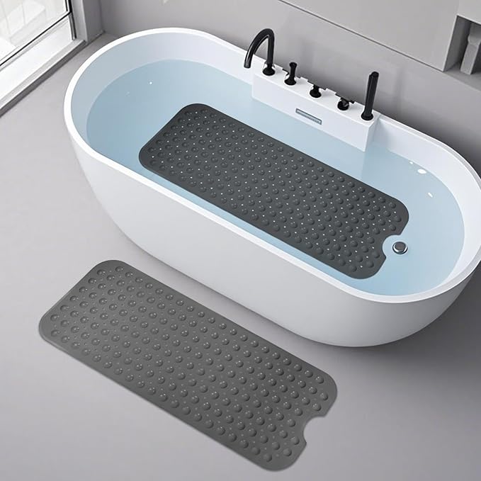 WarmSnow（TPE） Long Bathtub Mat Non Slip 39.5 x 16 Inch, Inside Shower Mats with Suction Cups & Drain Holes, Soft TPE Bath Mat for Tub, Quick-Drain Bathroom Floor Mats, Dark Gray