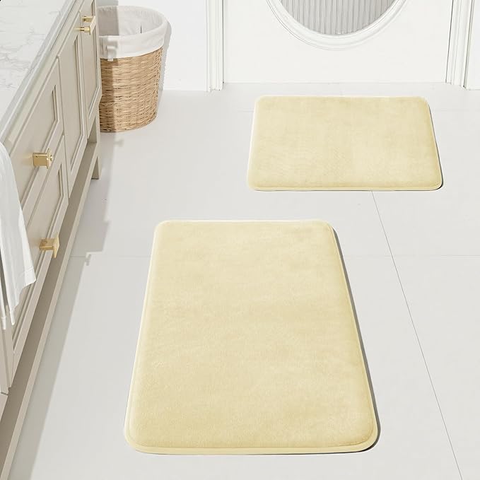 HUXMEYSON Bathroom Rugs Sets 2 Piece, Non-Slip & Quick Dry Bath Mat Set, Ultra Soft Velvet Bath Rugs for Bathroom, Toilet and Shower Floor, Cream Yellow