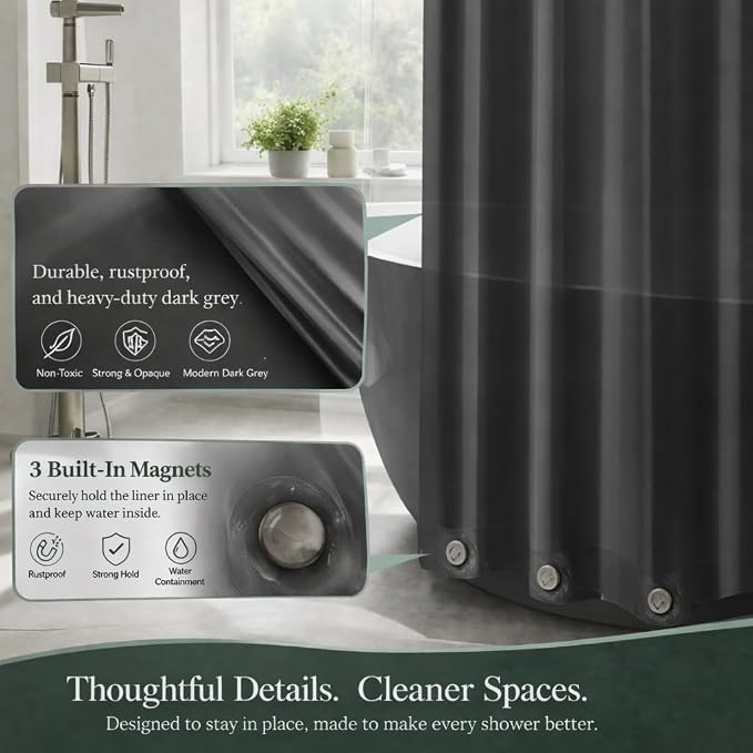 EHZNZIE Dark Grey Shower Curtain Liner 72x72, PEVA Waterproof Bath Curtain, No Chemical Smell, 3 Weighted Magnets, Durable with Rustproof Metal Grommets