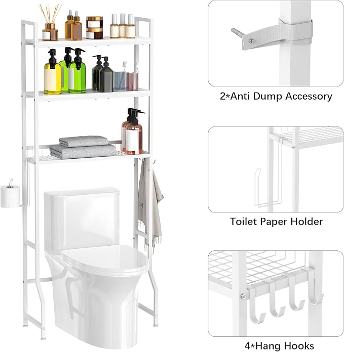 Over the Toilet Organizer White Over the Toilet Shelf with Paper Holder and 3 Hooks 3 Tier Over the Toilet Storage Rack for Restroom, Laundry Bathroom Over the Toilet Cabinet for Small Space