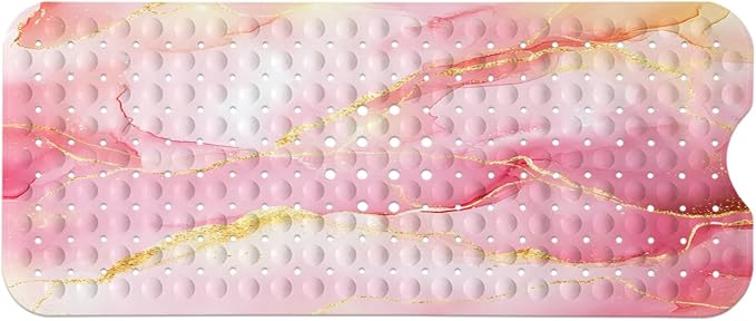 LNOND Marble Bath Tub Mat Non Slip, Extra Long 40 X 16 Inch Anti Slip Mat for Bathtub, Pink Gold Marble Shower Mat with Drain Holes and Suction Cups, Machine Washable