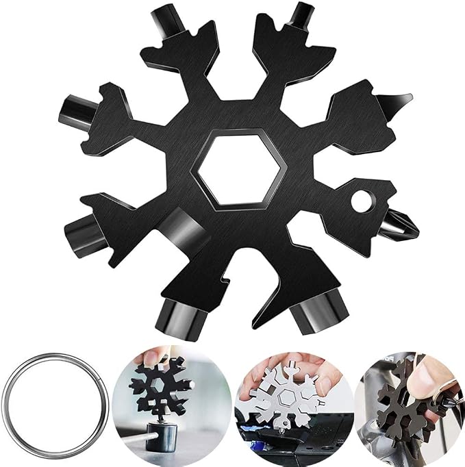 18-in-1 Snowflake Multitool, Stainless Steel Bottle Opener, Multi Tool Cool Gadget Stocking Stuffer for Men for Men, Dads, Husbands (Black)