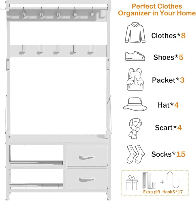Lulive Hall Tree, 31.5” Entryway Bench with Coat Rack freestanding, 5 in 1 Intelligent Design Shoe Bench and Wall Rack 17 Hooks and Drawers (White)