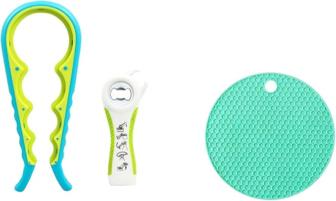 3-Piece Jar & Bottle Opener Set for Seniors, Non-Slip Silicone Grip Mat, Ergonomic Kitchen Gadget (white and green)