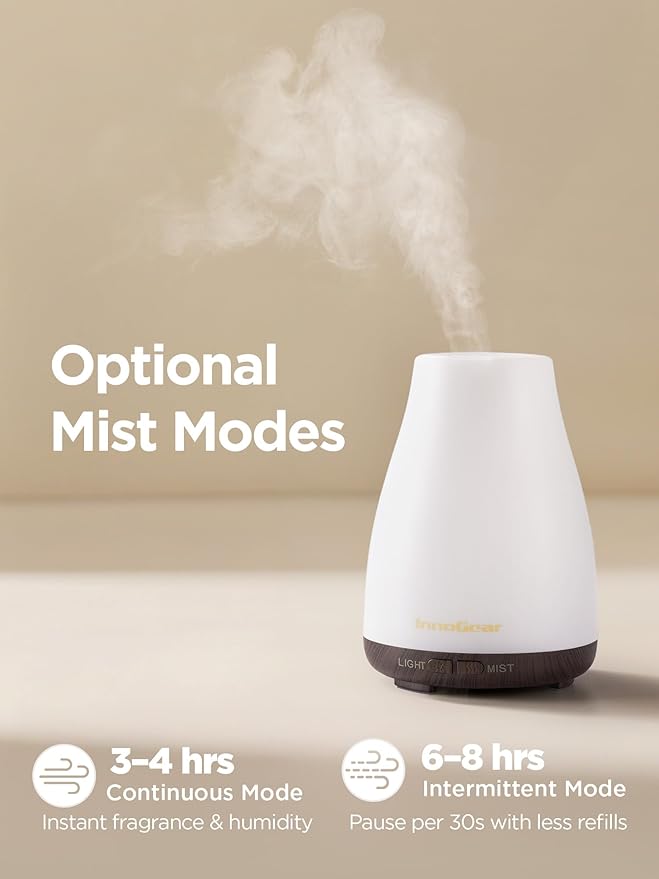 InnoGear Essential Oil Diffuser, Ultrasonic Diffusers for Home Aromatherapy Humidifier for Bedroom Room 7 Colors LED 2 Mist Mode Auto Off, Brown Base