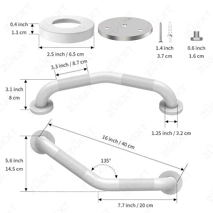 16 Inch Angled Grab Bar, ZUEXT Anti Slip Shower Grab Bar Handles, White Stainless Steel Knurled Bathroom Balance Bar, Safety Hand Rail Support for Handicap Elderly Injury Senior - 1.25" Diameter
