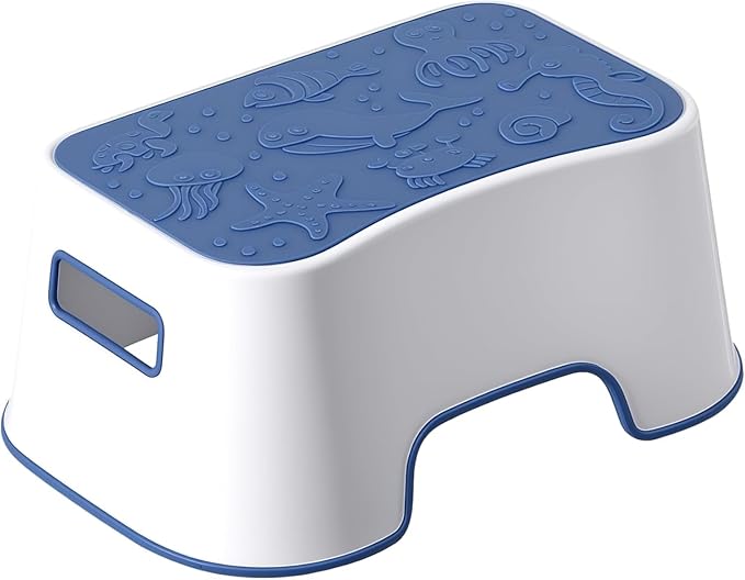 Step Stool for Kids, Cute Sea Animals Design and Anti-Slip Kids Step Stool with Recessed Handles, Portable Footstool for Kitchen, Bathroom Sink and Toilet Potty Training (Blue)