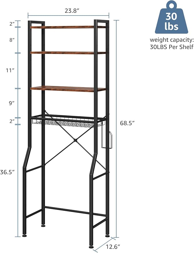 DUMOS Over-The-Toilet Storage Rack, 4-Tier Freestanding Bathroom Organizer Shelf Over Toilets with Adjustable Shelf and Basket, Space Saver Above Toilet Storage Cabinet with 3 Hooks for Rooms, Brown