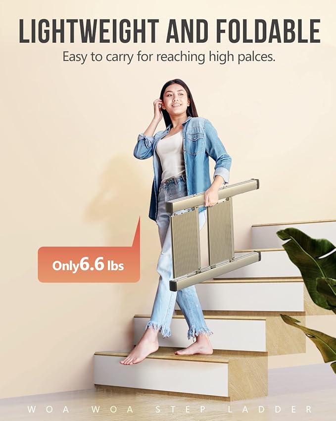 WOA WOA 2 Step Ladder, Foldable Step Stool, Aluminum Lightweight Ladder for Home Kitchen Closet, Anti-Slip Pedals, Ease of Folding, Portable, 300lbs Capacity - Gold
