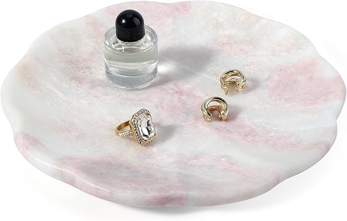 Koville Marble Tray, 8" Round Marble Vanity Tray for Jewelry Trinket Perfume, Natural Stone Tray for Bathroom Kitchen Dresser Countertop, Scalloped Decorative Tray for Home Table Decor(Namibia Rose)