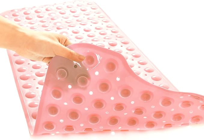 TEESHLY Bath Tub and Shower Mats, Non-Slip 39 x 16 Inch Extra Long Bathtub Mat, Machine Washable BathMat with Drain Holes, Suction Cups for Bathroom (Opaque Pink)