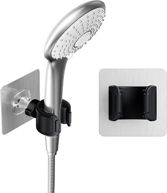 Adjustable Wall Mounted Shower Head Holder, Strong Adhesive & Drilling 2 Installation Methods, 360° Swivel Handheld Shower Wand Holder for RV Kids’ Bathroom Shower Accessories (Black