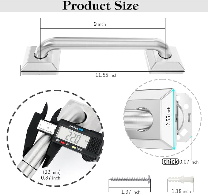 2 Pack 9 Inch Bathroom Grab Bar, Anti Slip Square Shower Bars Safety, 304 Stainless Steel Shower Handles,Hand Rails for for Children, Senior, Elderly, Handicap
