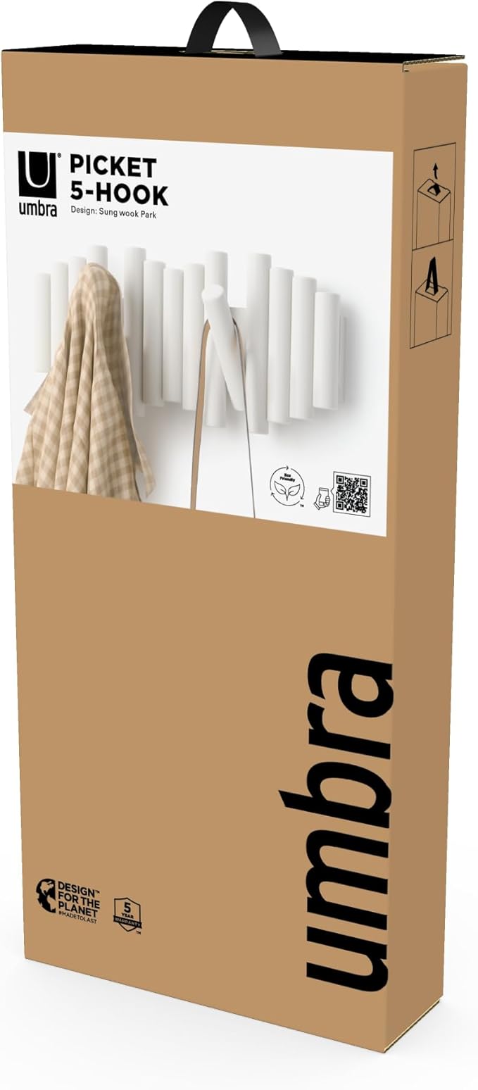 Umbra Picket Wall-Mounted Coat Rack Rail Hook with 5 Retractable Wood Pegs – Modern, Space-Saving Storage Organizer, White