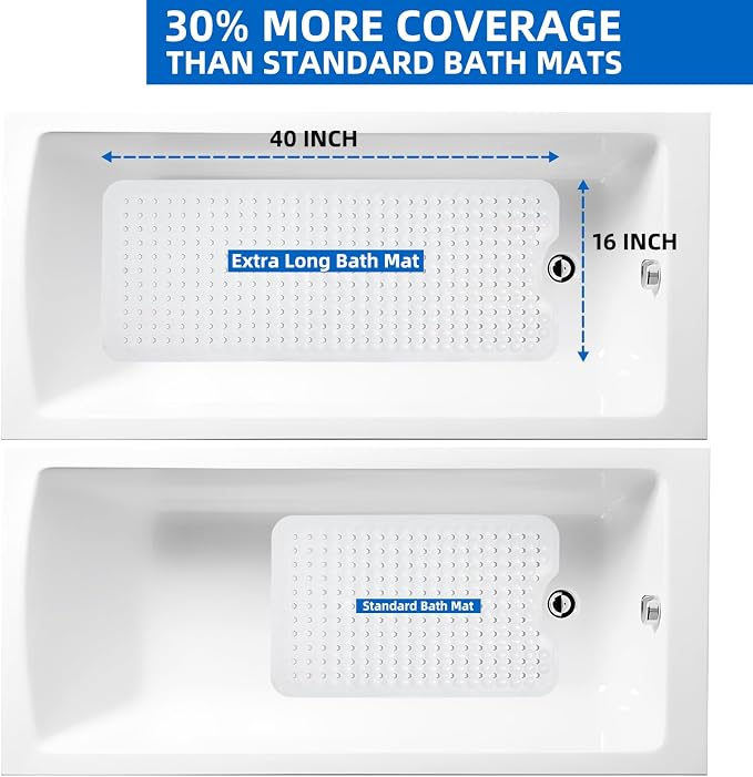 ZHICHENG Bath Tub and Shower Mats, Non-Slip 39 x 16 Inch Extra Long Bath Mat, Machine Washable Bathtub Mat with Drain Holes, Suction Cups for Bathroom (White)
