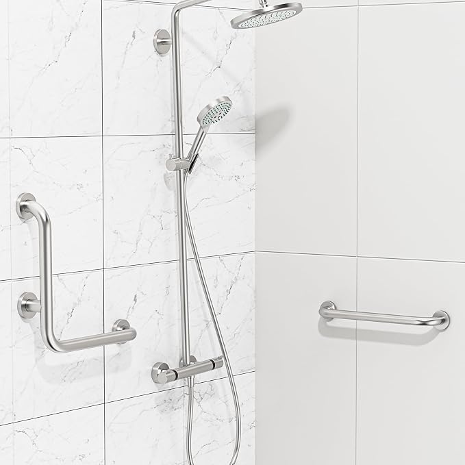 L-Shaped Angled Shower Grab Bar w/Straight Bathroom Safety Handrail 16 Inch, iHansee Brushed Nickel Handicap Grab Bar Wall Mounted, Toilet Bathtub Balance Support Bar for Elderly Seniors Injury
