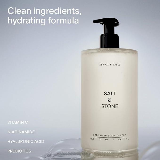 Salt & Stone Body Wash with Antioxidants for Deep Moisture | For Women & Men, Sulfate, Paraben, & Dye Free, Leaving Skin Soft and Hydrated | Neroli & Basil Refill 32 fl oz